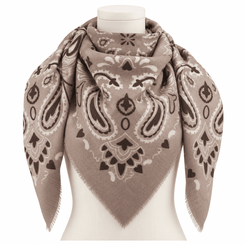 Firkantet viskose/ull paisley skjerf - taupe